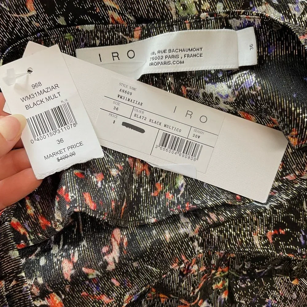 NEW IRO Black Multicolor Maziar Metallic Printed Silk Blend Mini Skirt Size 4